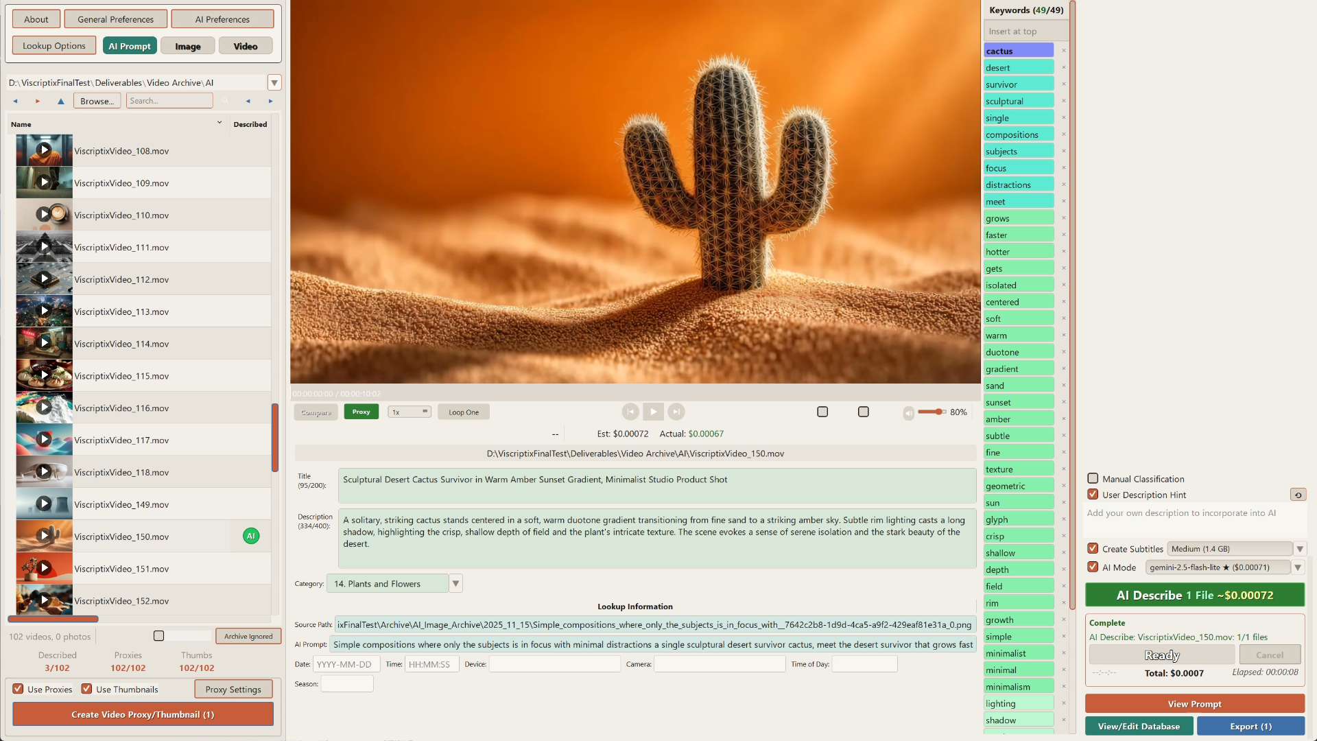 Viscriptix application — AI Prompt view with keyword generation and description for stock media